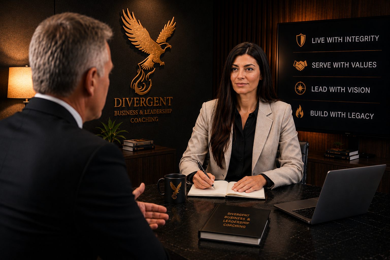A senior leader in a focused one-on-one coaching conversation