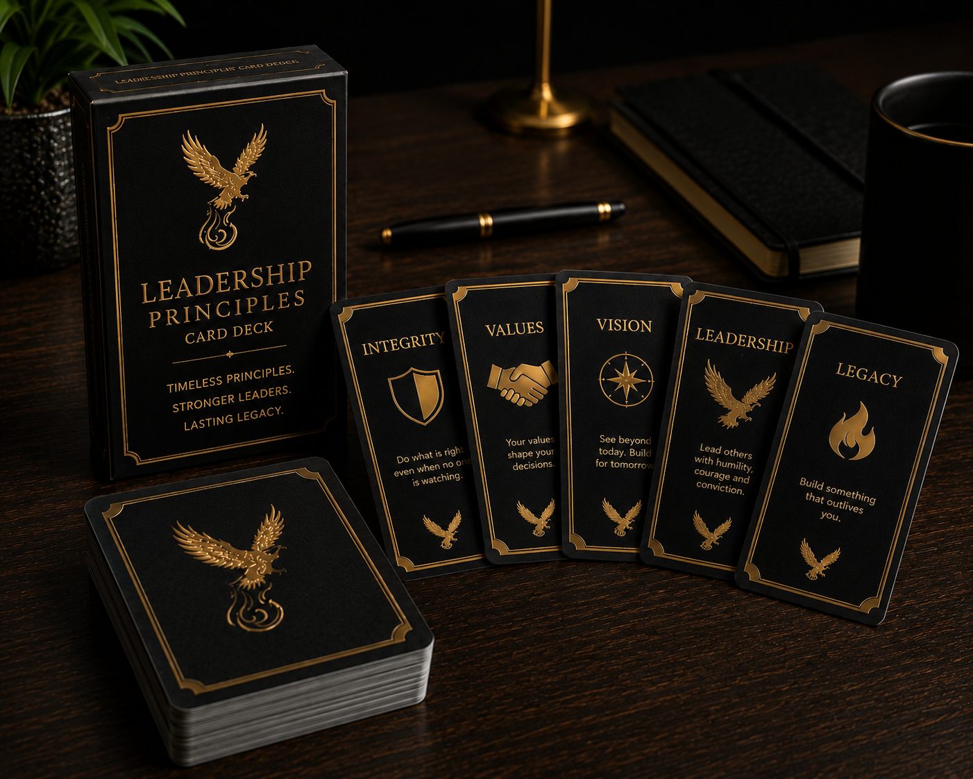 The Divergent Leadership Principles card deck fanned out on a dark desk
