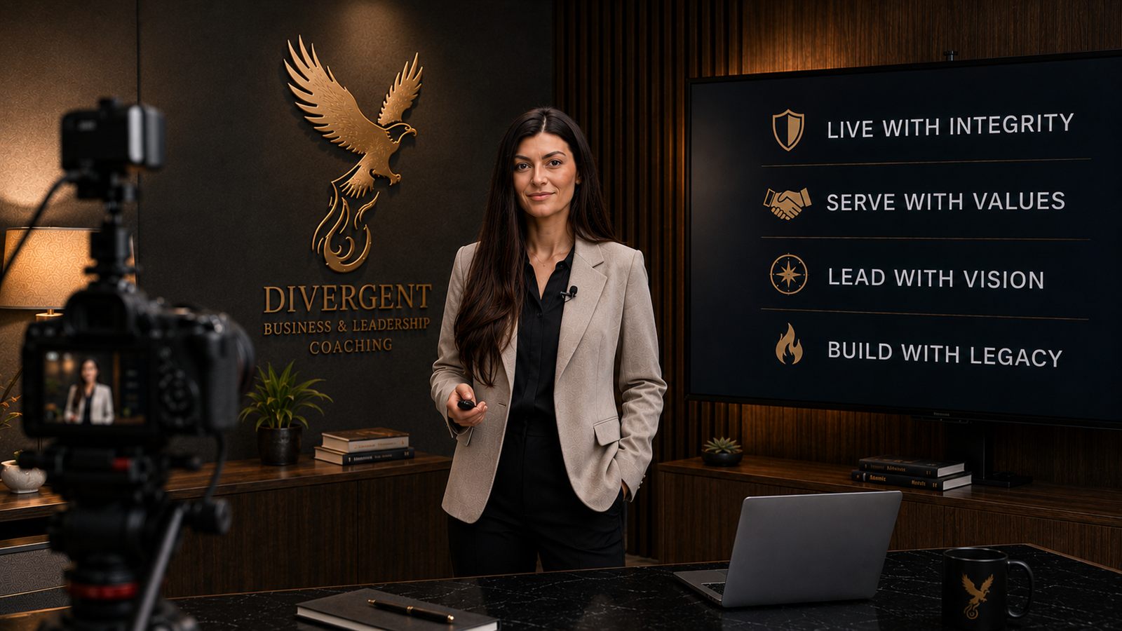 A leader presenting the Divergent Leadership Course to camera in a studio